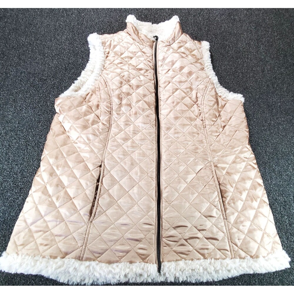 Denim & Co. Quilted Vest Woman's Large Gold Soft Faux Sherpa Pockets Lightweight
